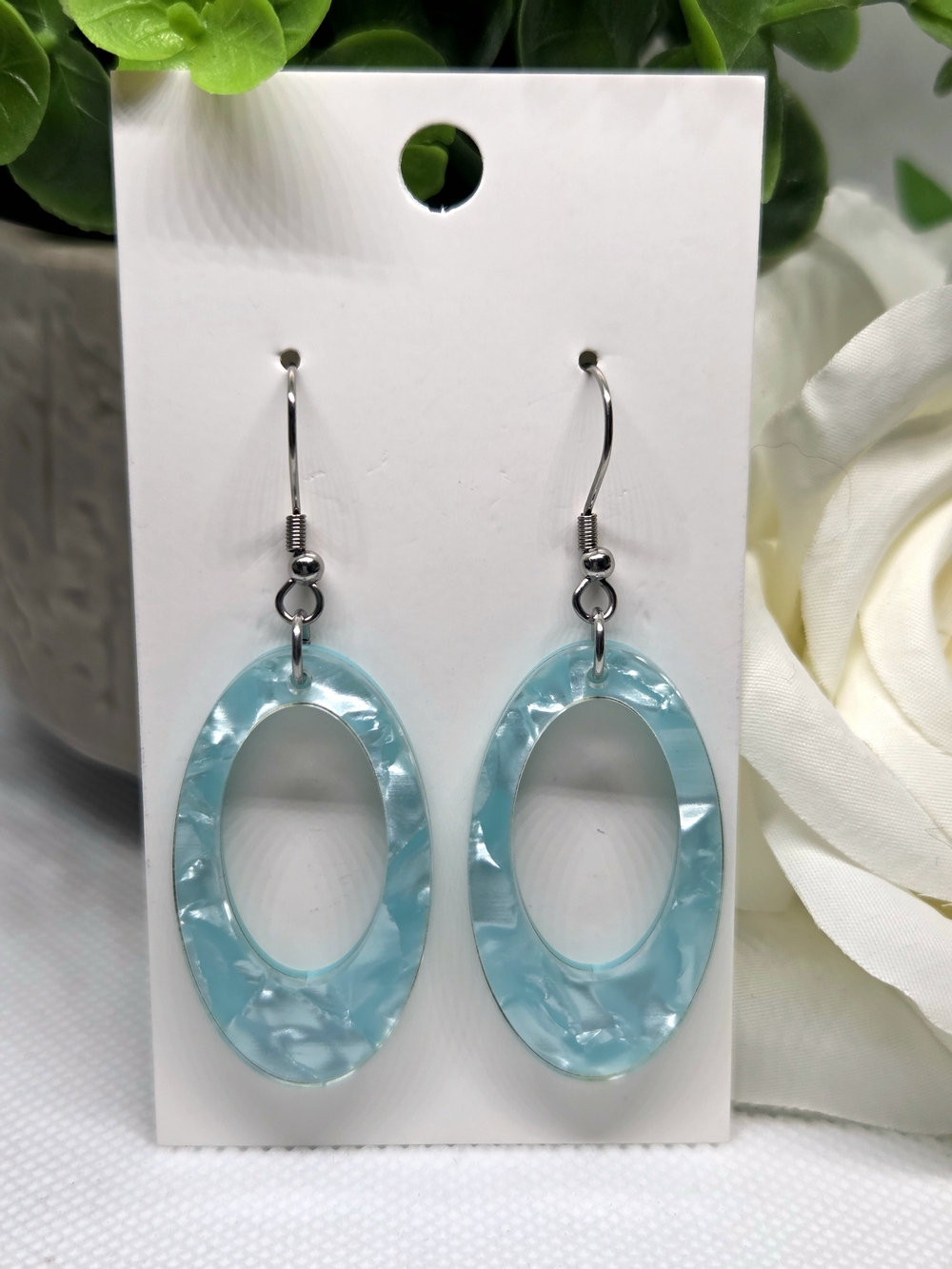 Frosted Blue Oval Drop Earrings